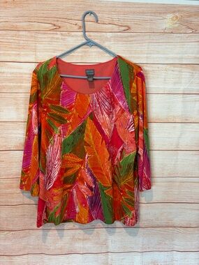 Chico's Multicolor Leaf-Print Long Sleeve Tee - Red, Pink, Green